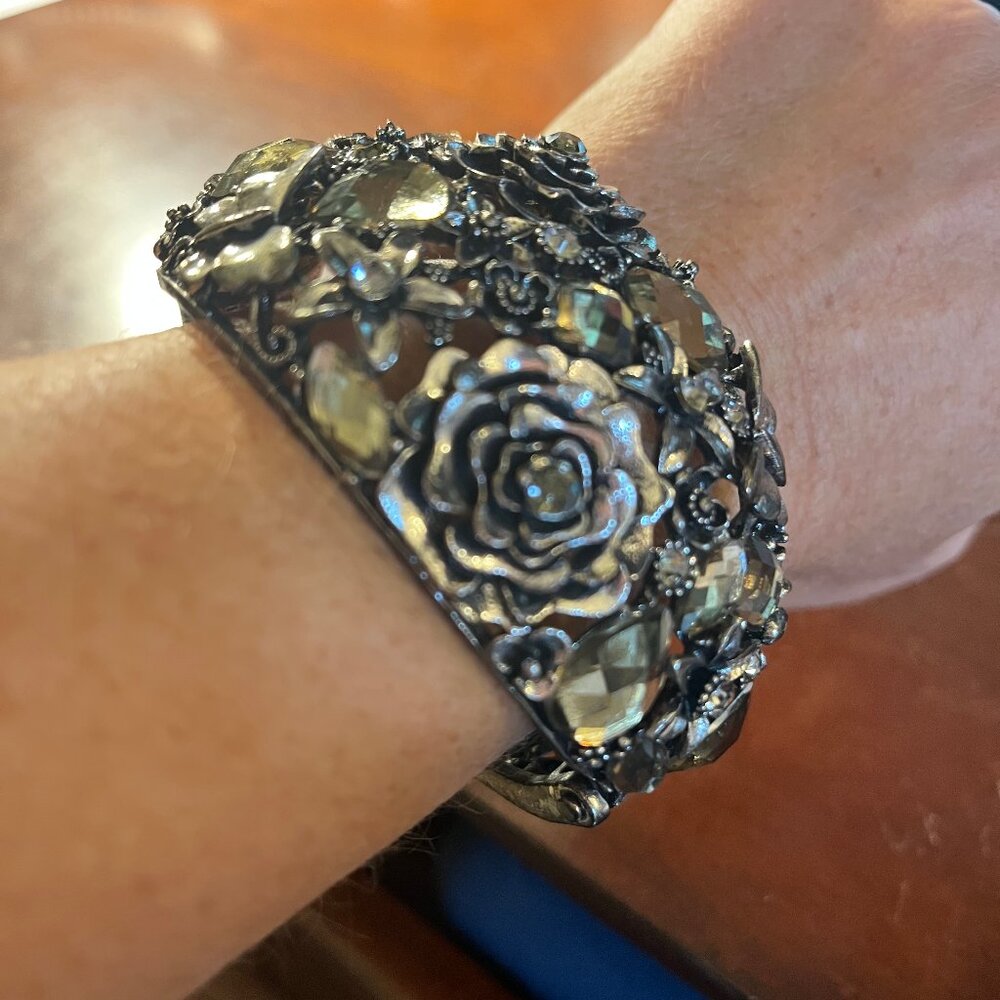 Vintage Floral Metal Rhinestone Hinged Cuff Bracelet